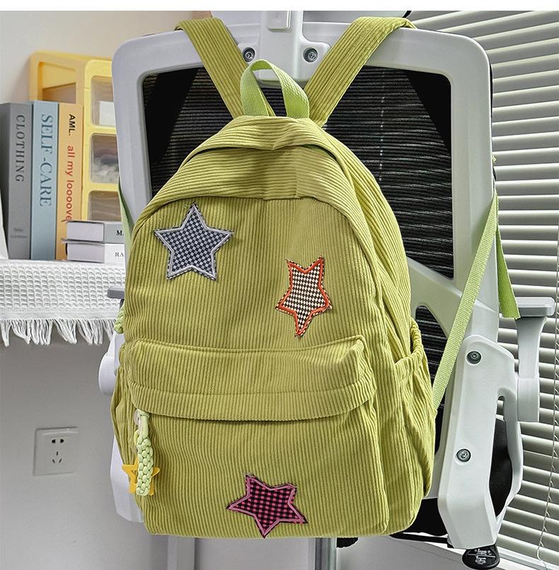 Schoolbag New Corduroy Star Patch Backpack Women's Large Capacity Casual Bag Women's Soft Sister Cute Middle School School Bag