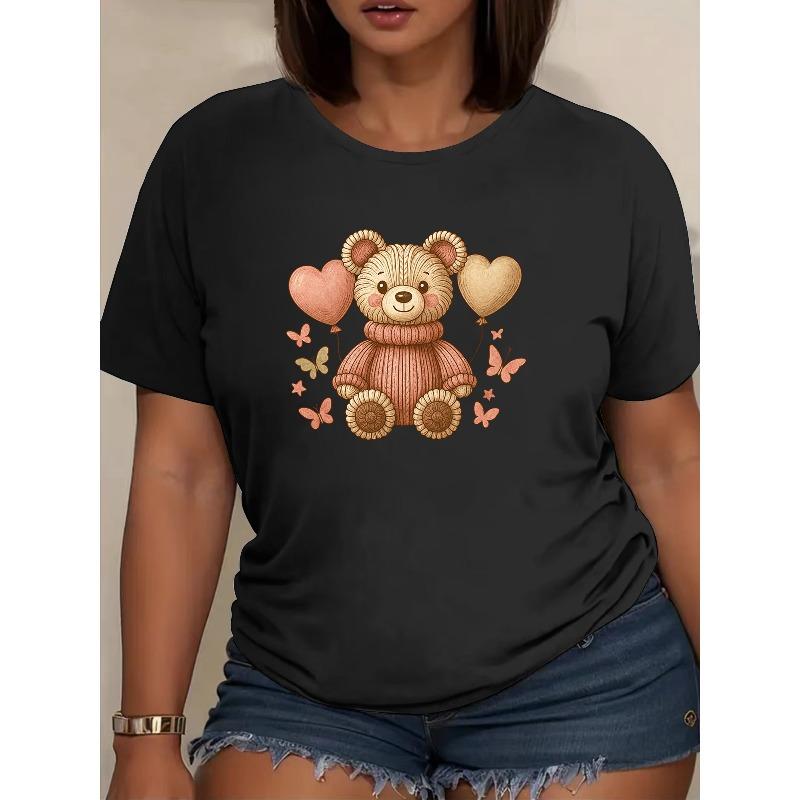 

European size Warm and Cute Retro Plush Teddy Bear Printed T-shirt | Suitable for Daily and Home Wear, Women S Casual Short Sleeved 4XL чорний