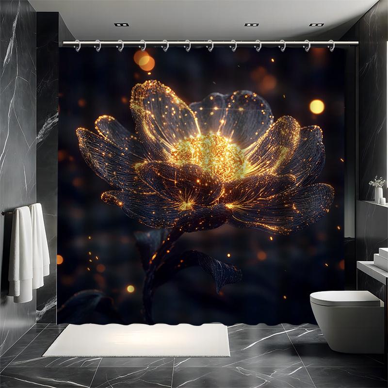 Flowing Flower Shower Curtain Set - Sparkling Light Emitting Stamens, Includes 12 Hooks, Polyester Fabric, Modern Bathroom Decor