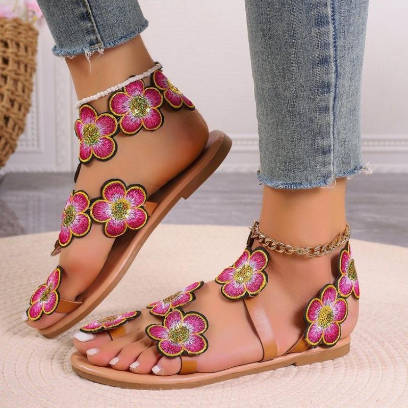 Sandals Women's Flat-bottomed Flower Women's Shoes Summer New Toe Color Beach Shoes