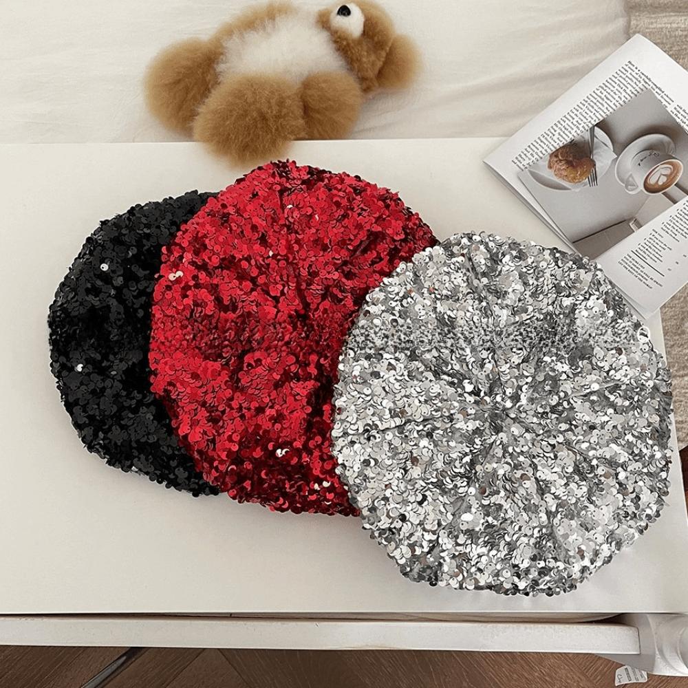 Sparkling Fashion Painter Hat Trendy Lady Octagonal Cap Glitter Sequin Beret Outdoors Activities