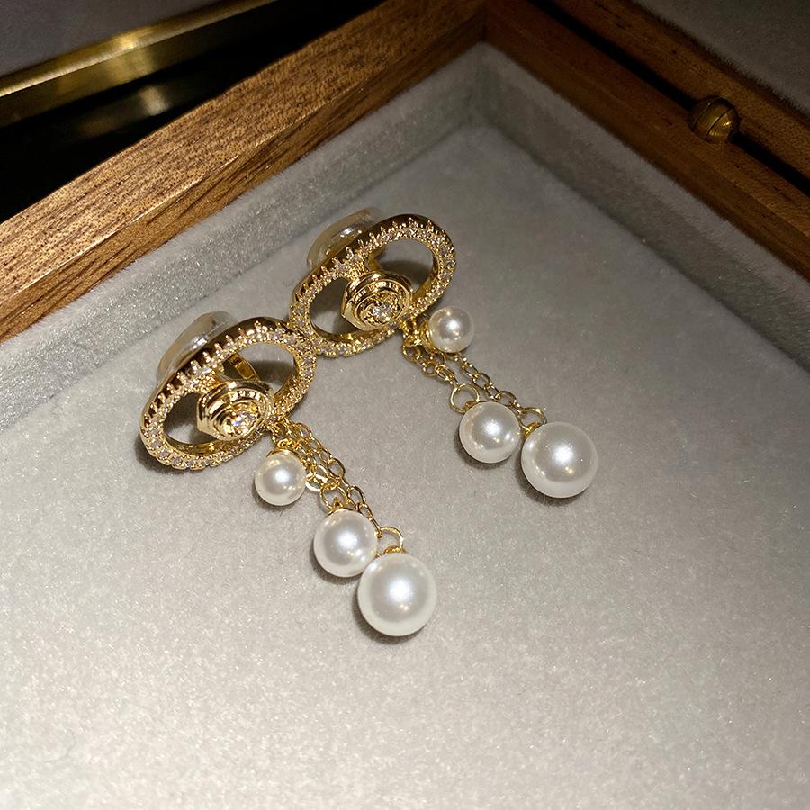K real gold electroplated zircon oval pearl fringed earrings retro fashion earrings light luxury high-end earrings