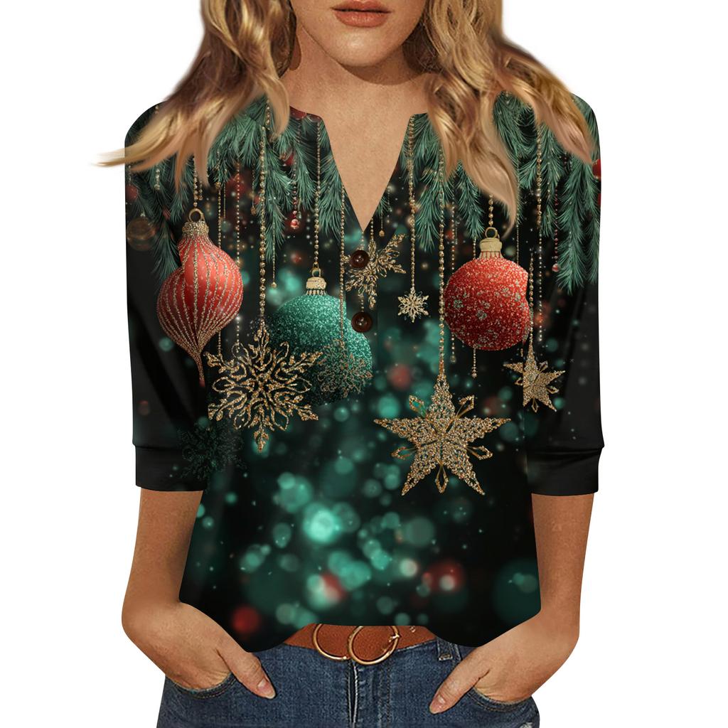 Women's T Shirt Print Button 3/4 Sleeve Daily Weekend Fashion Basic V- Neck Regular Top
