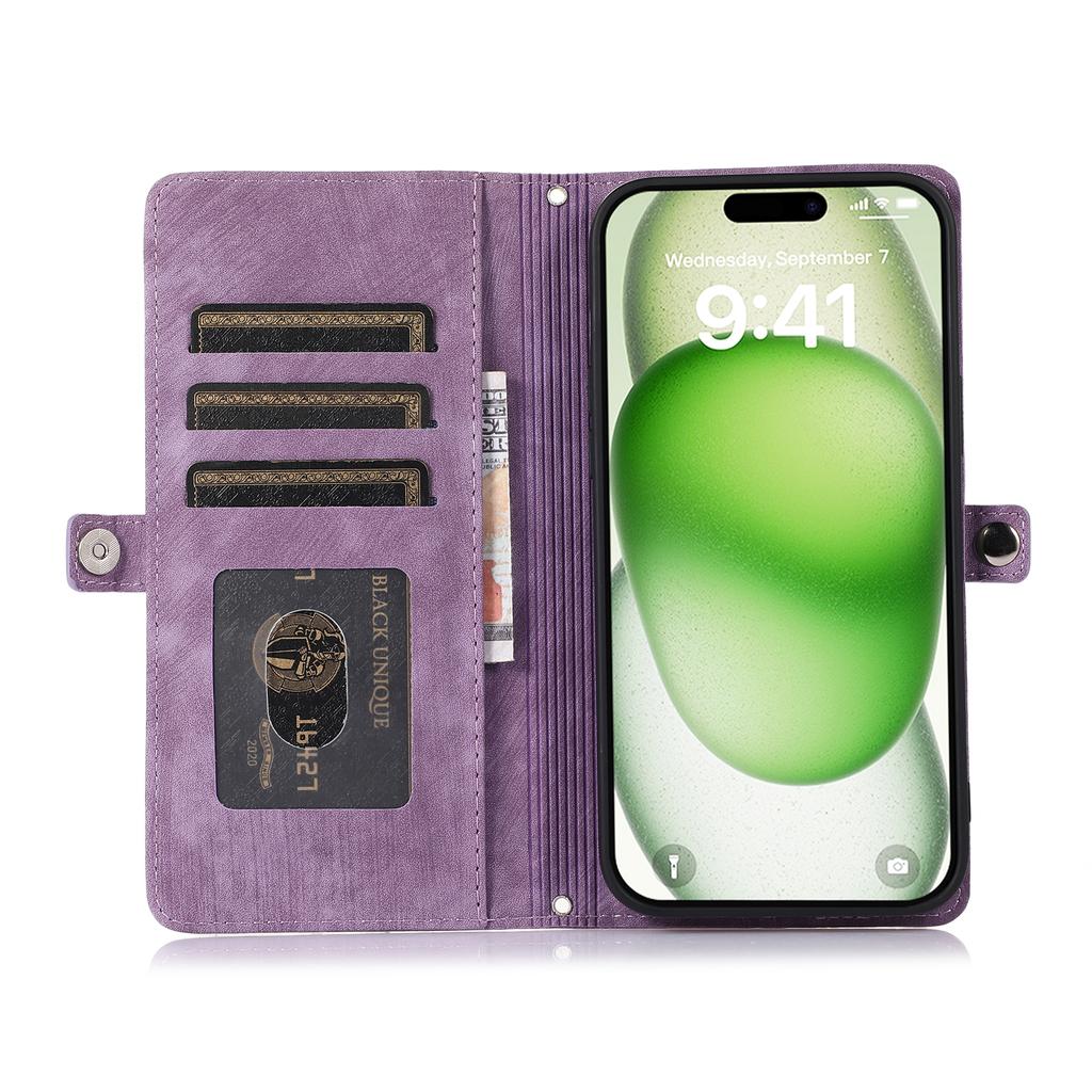 For iPhone 16 Pro Case Zipper Pocket 9 Card Slots PU Leather Phone Cover with Wrist Strap