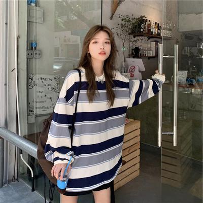 College Stil Gestreiften Lose T-shirt Frau Koreanische Lange Hülse Lose T-Shirt Frauen Einfache Herbst Schlanke frauen Top