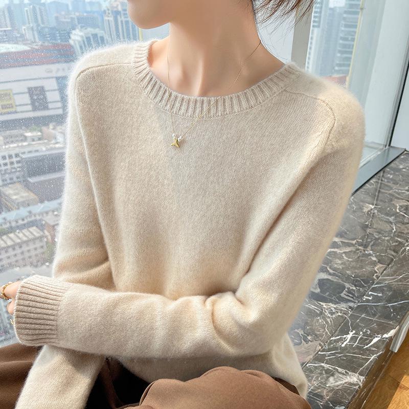 Women's Genuine Cashmere Seven-Gauge Thick Saddle Shoulder Round Neck Loose Solid Color Knit Sweater Base Layer