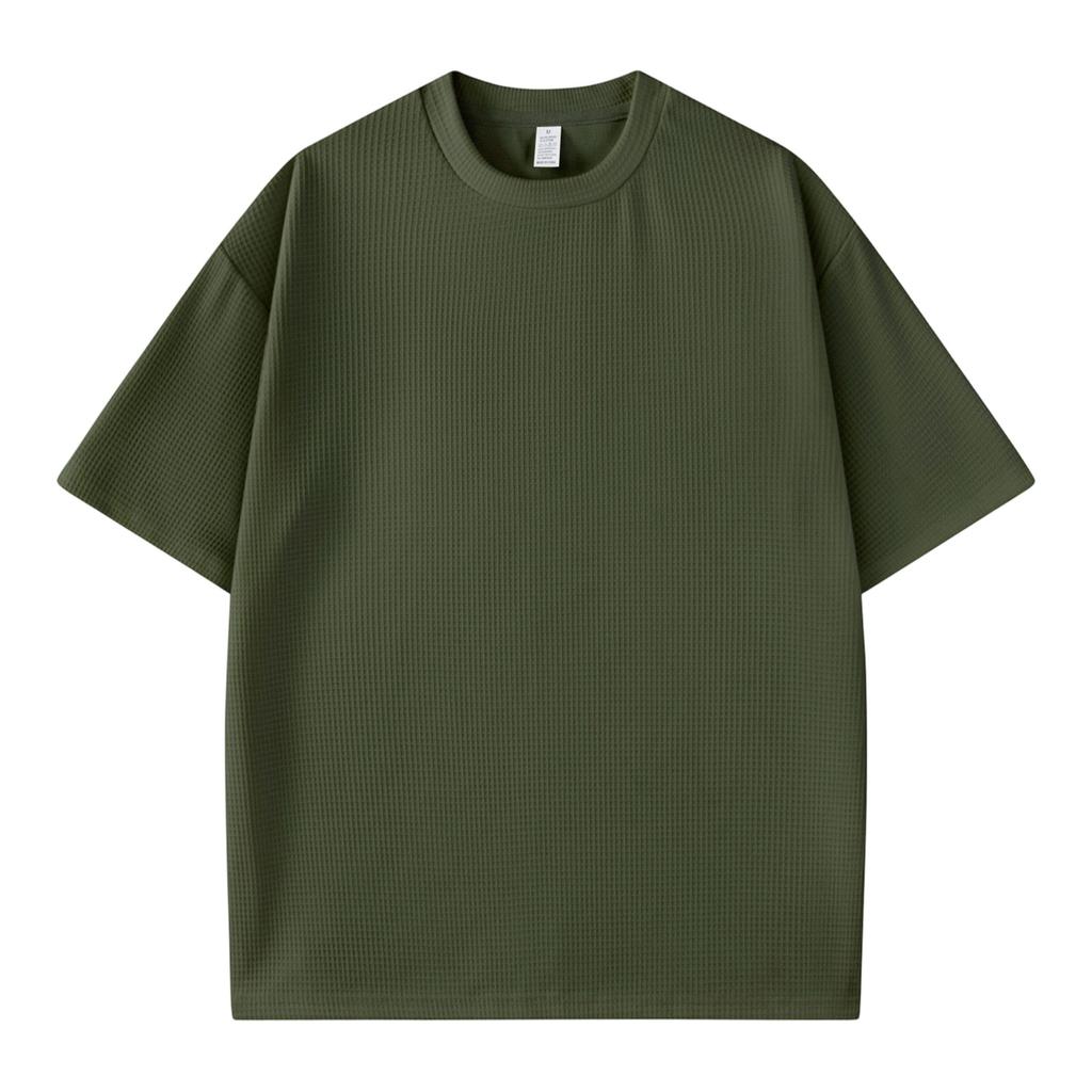 Men's Solid Waffle Texture Loose Fit Crew Neck Short Sleeve T Shirt Casual Lightweight Breathable Fabric Summer Top