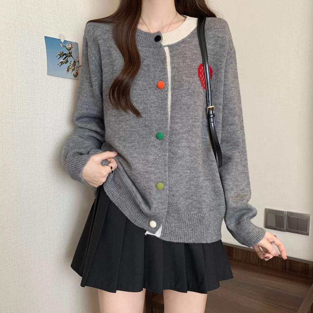 Korean Youthful Color Block Round Neck Strawberry Knit Cardigan Women Designer Sweater Top