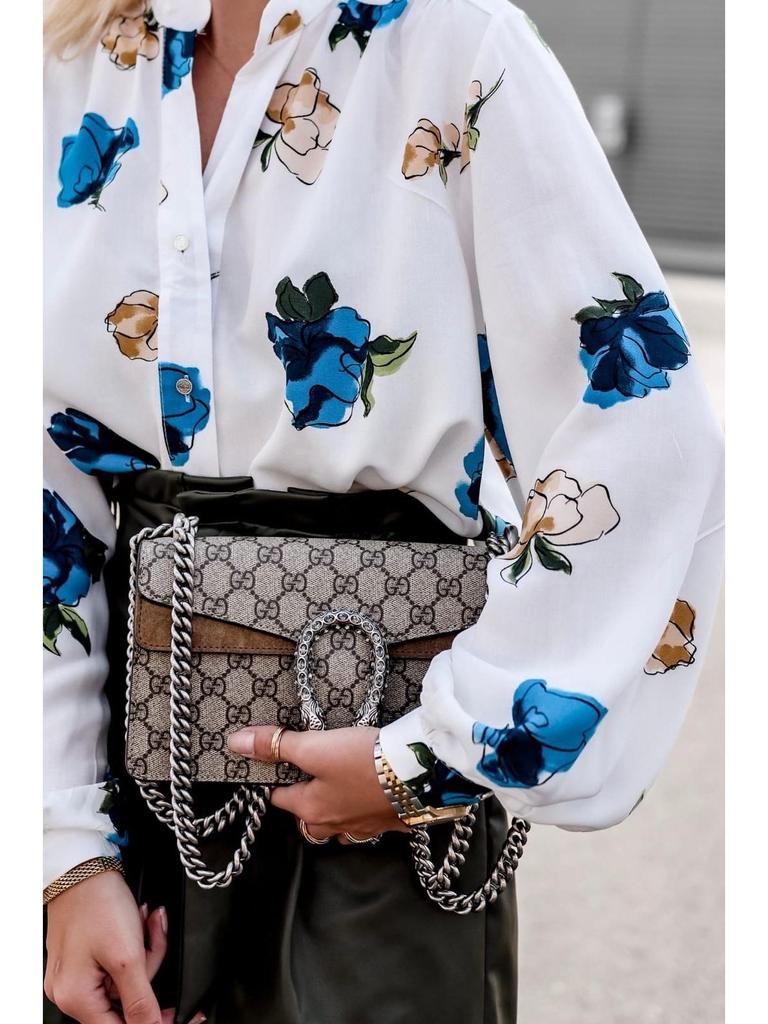 Autumn 2024 Floral Print Stand-up Collar Long Sleeve Shirt for Women - European & American Style