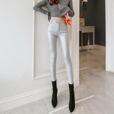 Artificial Leather Leggings High Waist Button Closure Matte Elastic Pencil Pants with Pockets Solid Color Fleece Lining Winter Pants