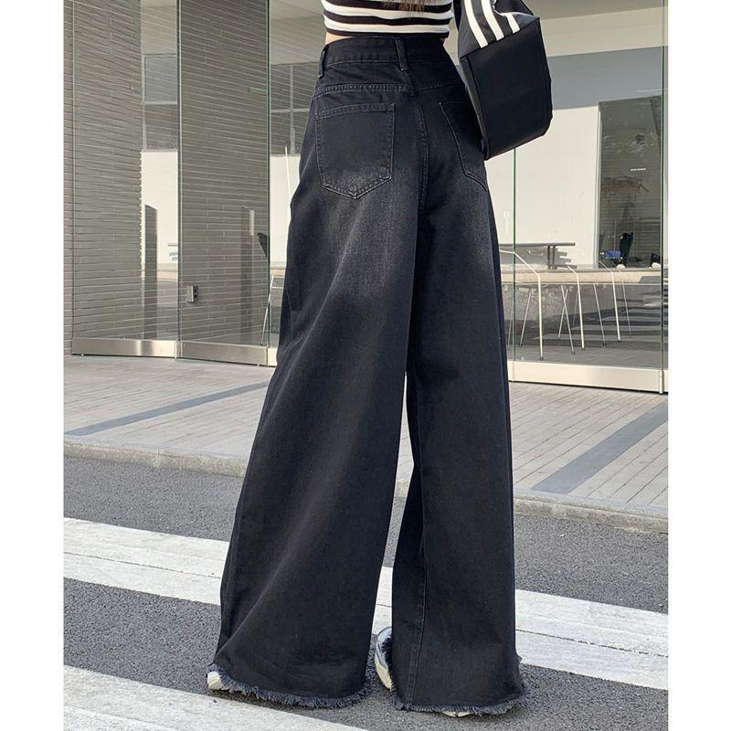 Autumn Women's Raw Hem High Waist Wide Leg Jeans - Slimming Loose Fit, Floor-Length Trendy Style.