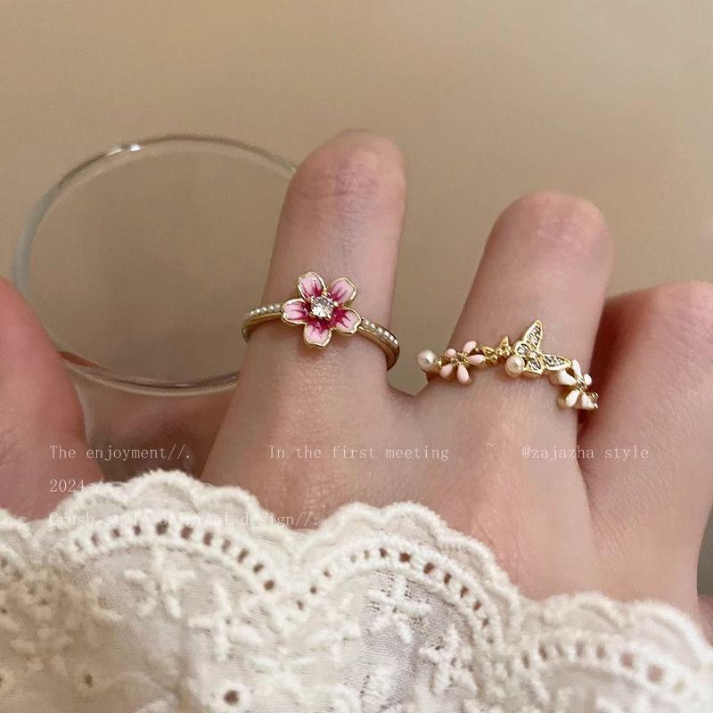 Cherry Blossom Pearl Open Ring for Women - Summer 2024 Fashionable High-End Index Finger Ring