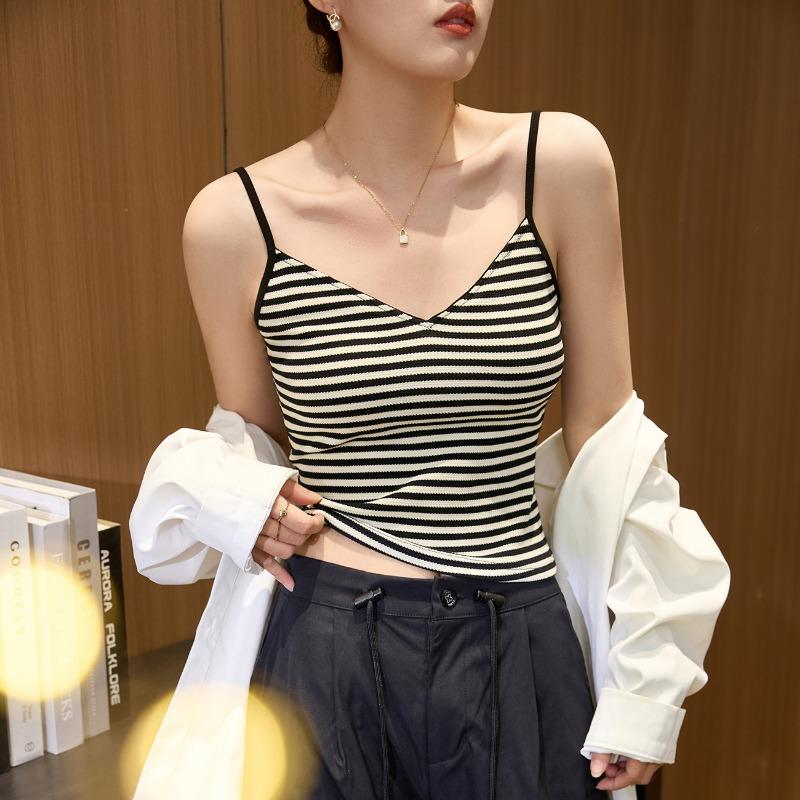 

Women s Cotton Striped Camisole Vest Summer New V-neck Sexy Backless Hot Girl Inside Out Sleeveless Tops S чорний/абрикосовий
