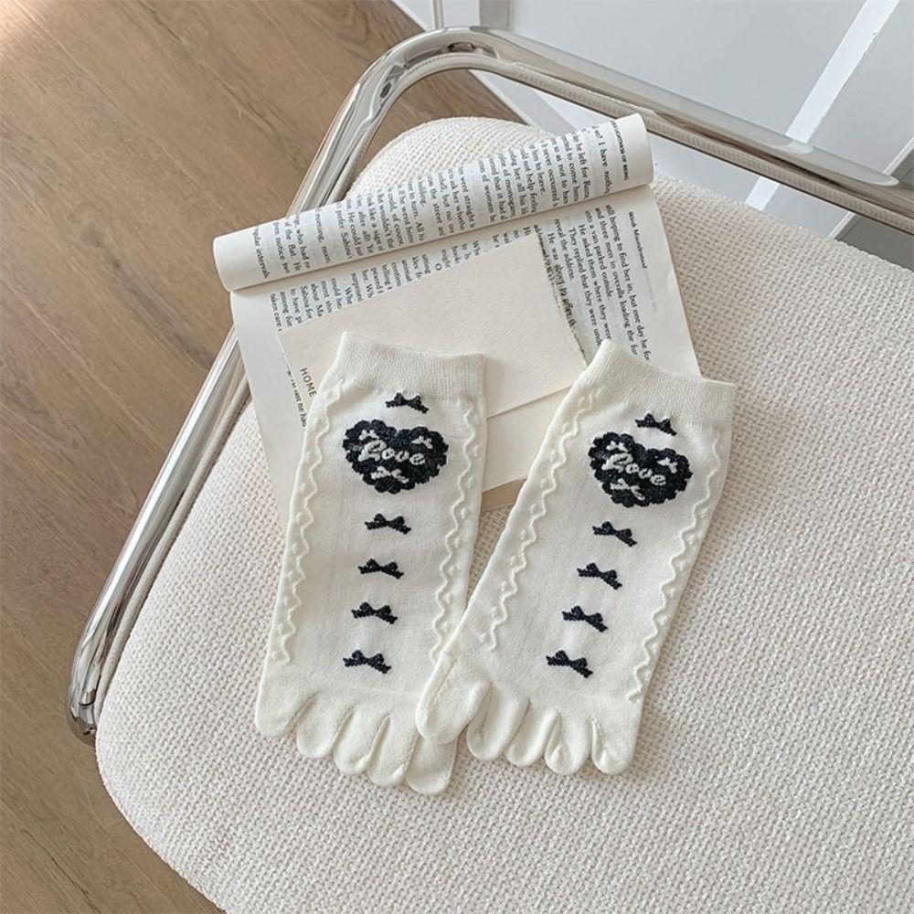 2Pairs Flower Bow Cotton Toe Socks Heart Boat Tube Socks Women Fashion Toe Separated Socks Daily