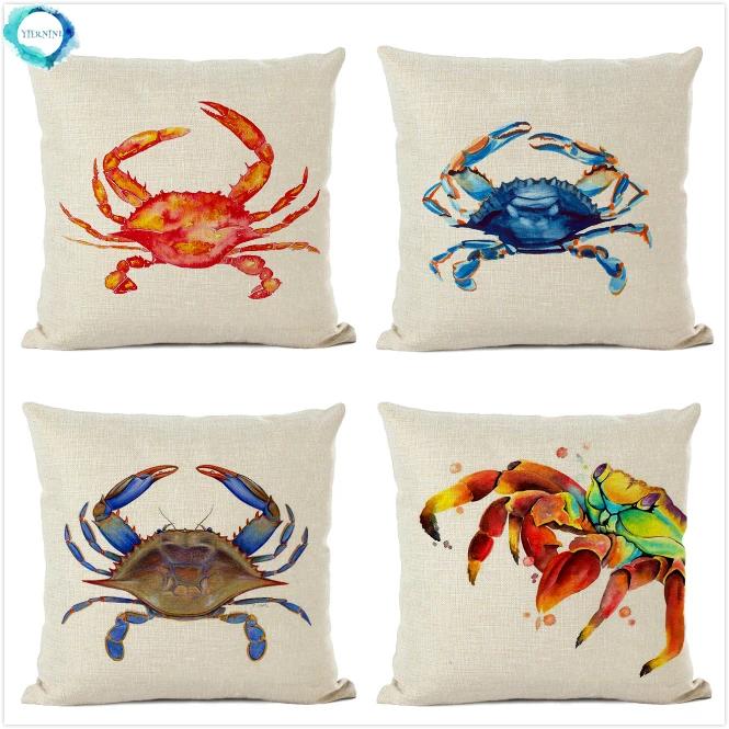 Monika Chen Unisex Marine Style Cotton Linen Cushion Cover Animal Crab Print Pillowcase Sofa Square Pillowcase Home Decoration 45X45cm