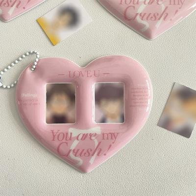 Portable Pink Card Case Heart-shaped Double-Grid Photos Protective Cover Bag Pendant Keychain Photo Card Holder