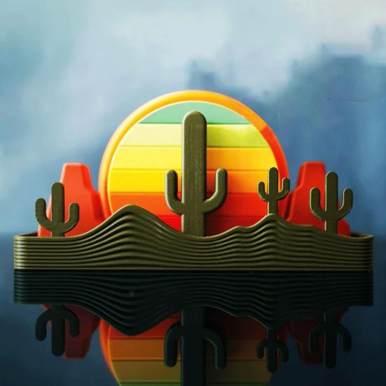 Yousheng 1/2 Sets Desert Sunset Coaster Kit 3D Printed 4-In-1 Multifunctional Kitchen Tools with Cactus Toothpick Holder Mountain Shakers Solar Bottle