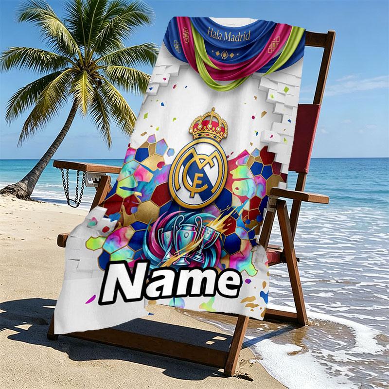 Custom Name Personalized Real Madrid Football Print Beach Towel, for Trip Camping Beach Party Home Decor, Birthday Gift for Family & Friends