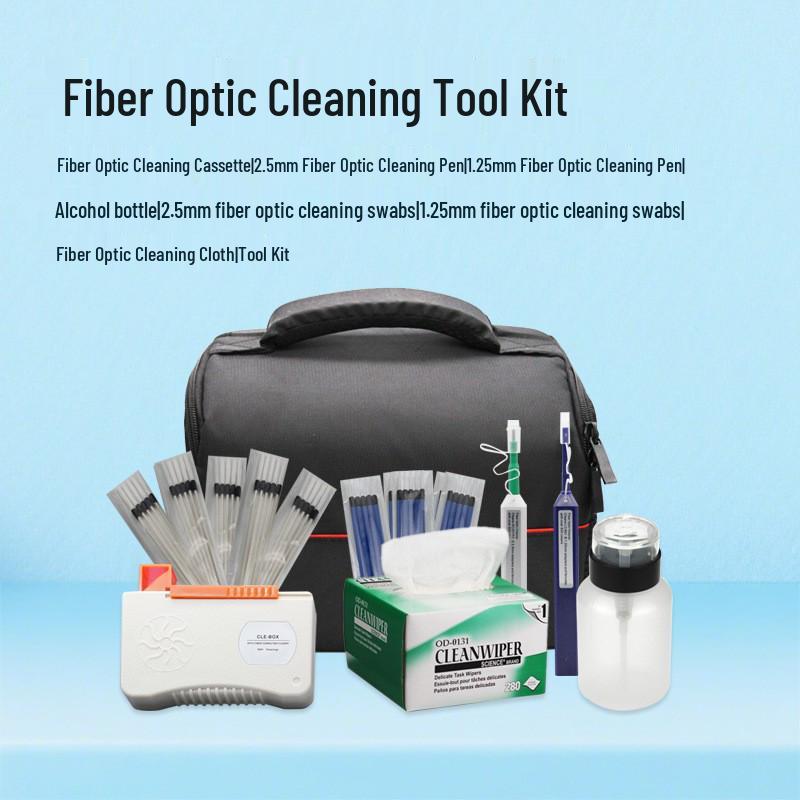Fiber Optic Cleaning Kit: Includes Cassette, Pen Tool, Cotton Swabs, Alcohol Bottle.