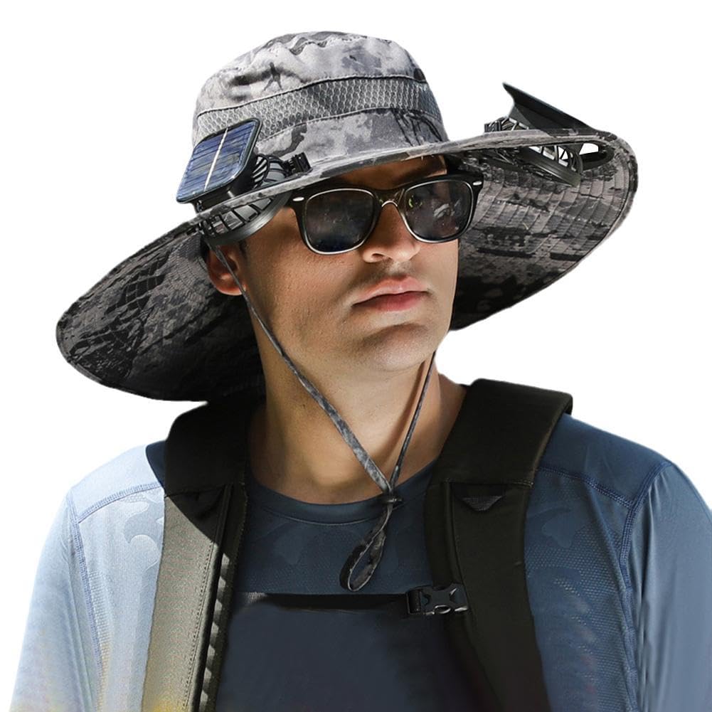 

Wide Brim Solar Fan Outdoor Fishing Hat,Men Sun Hat with 2 Solar Fan Fishing Hats,Sunscreen Sun Hat with Fan, Solar Fan Hat