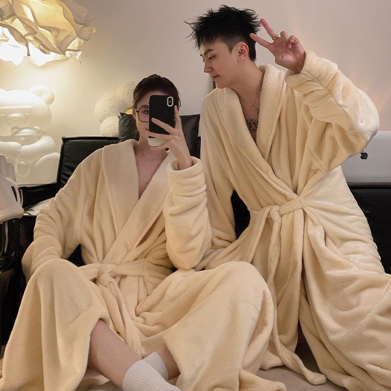 Spot Winter Coral Fleece Bathrobe for Women and Men - Thickened Extra Long Flannel Pajamas