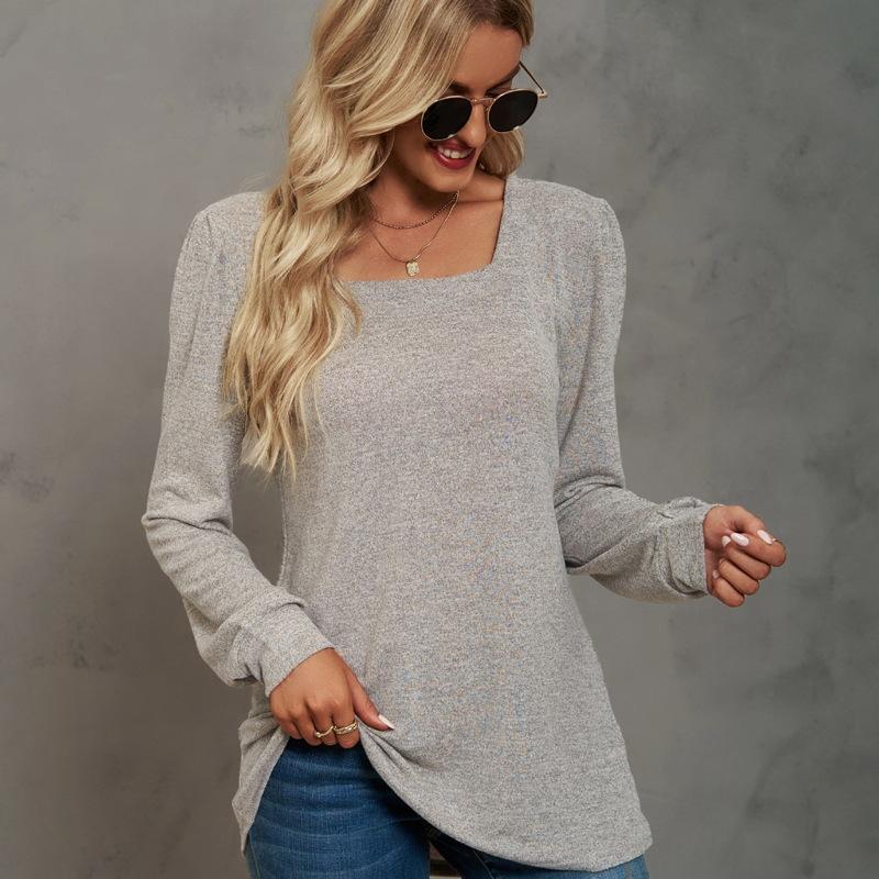 Autumn and Winter Popular T-shirt Solid Color U-neck Wrinkled Long-sleeved Casual Puff Sleeve Bottoming Shirt