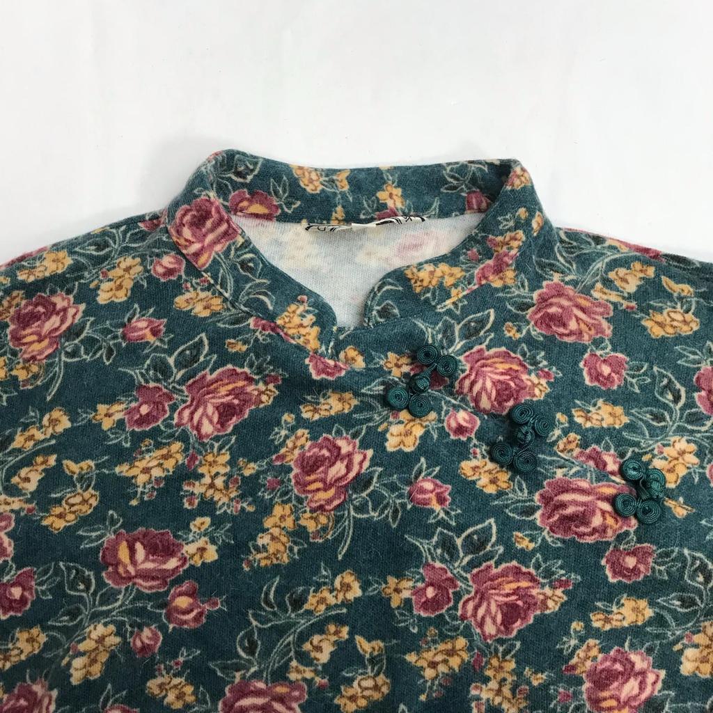 90s Vintage CANDY HOUSE China Dress Style Long Sleeve Shirt F Green Floral Japan(USED)