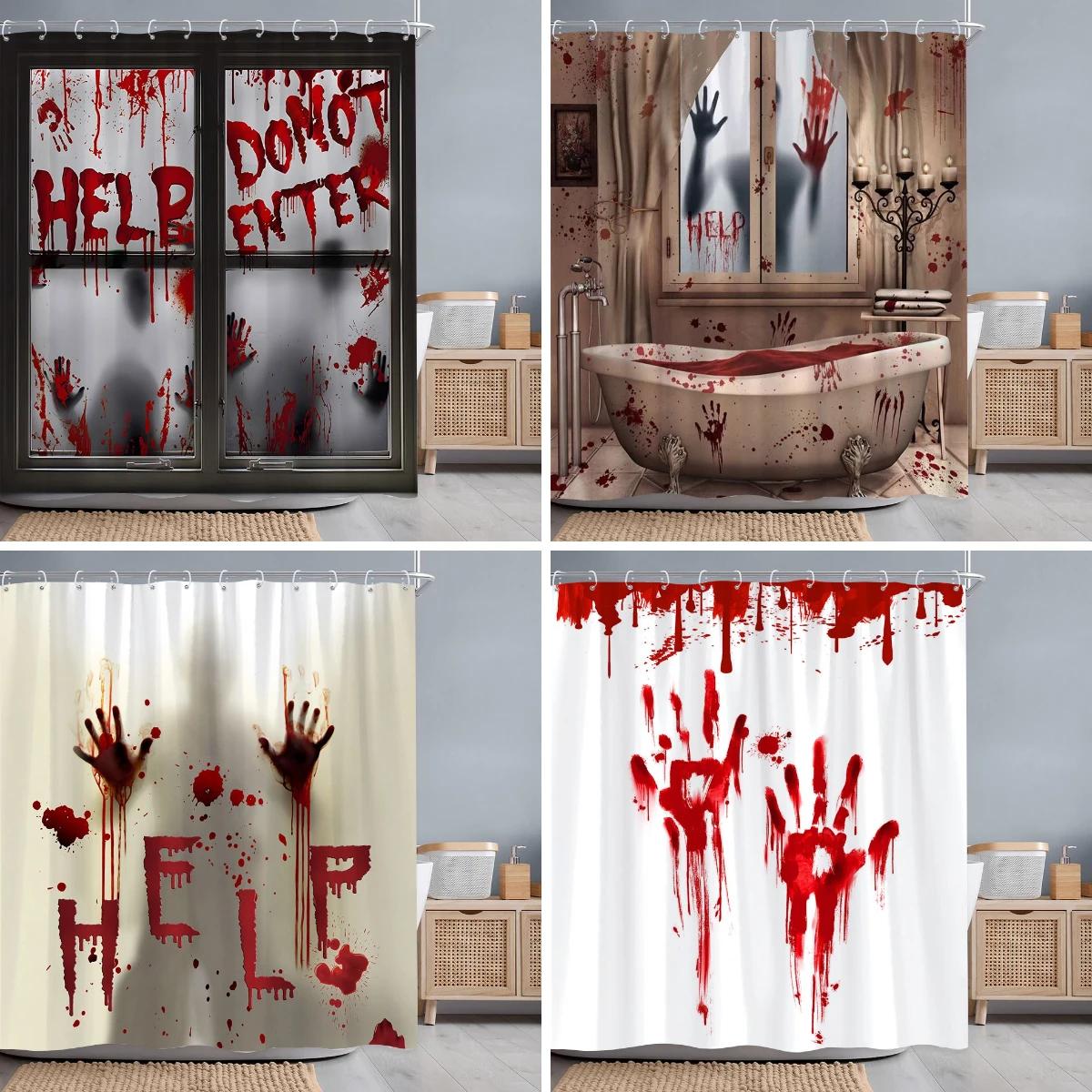 Textile Article Light Scary Blood Handprints Halloween Shower Curtain Scary Shadow Blood Bathtub Polyester Shower Curtains Bathroom Decor With Hooks