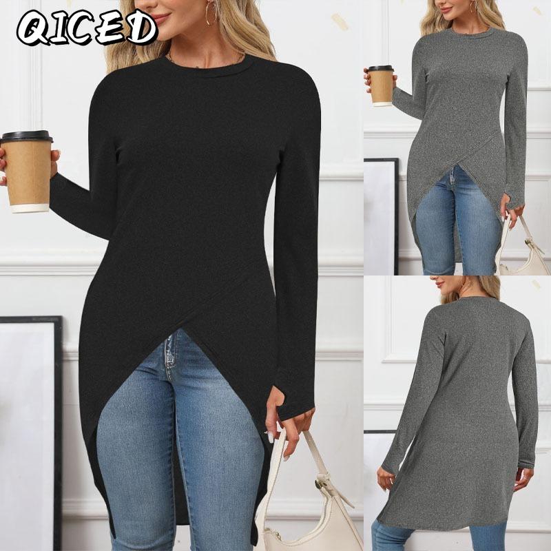 QICED Fashion Autumn Winter Solid Color Print Long Sleeve O-Neck Casual Dresses