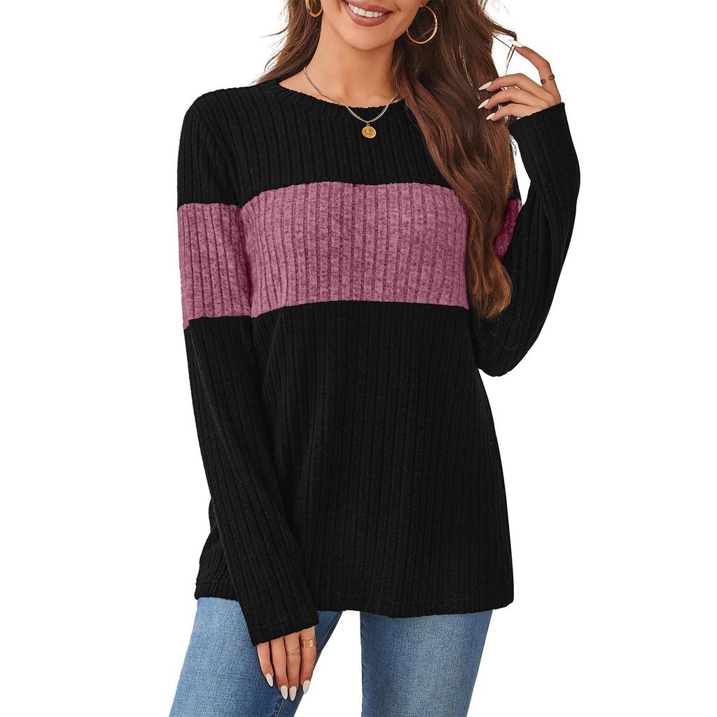 Women's Sweater Fashion Ribbed Color Block Top Long Sleeve Round Neck T-shirt