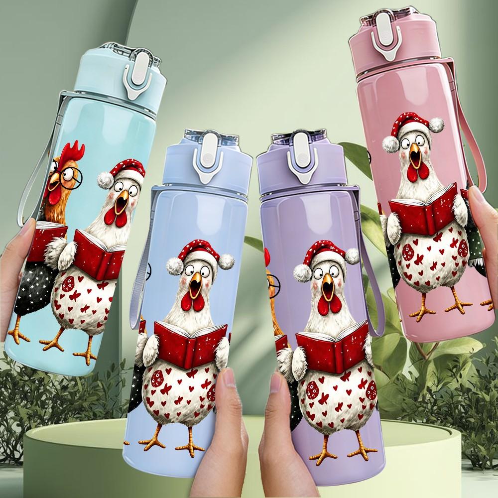1PC Three Hen With Hat Farm 750ml Color Plastic Sports Water Bottle Leakproof Flip Straw Lid Suitable for Sports Office Home Use