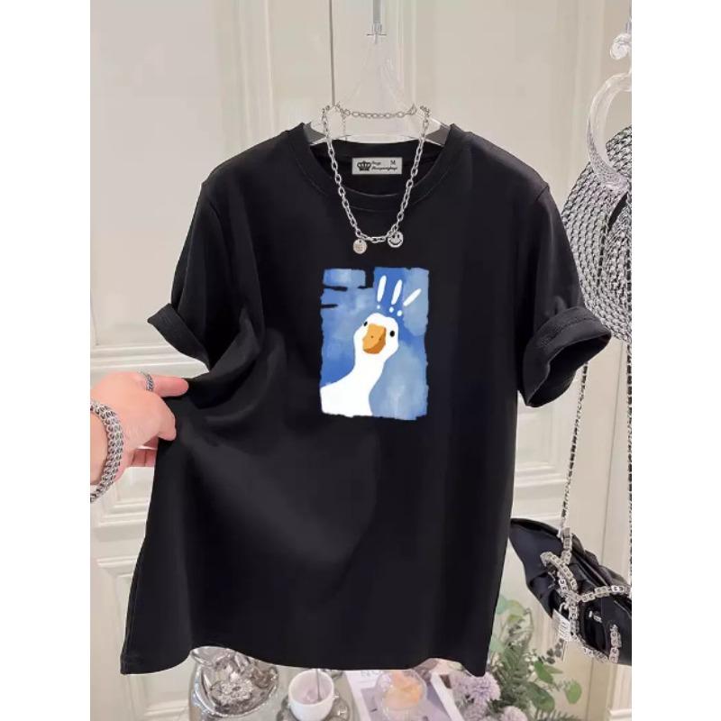 Cartoon Printed Short-sleeved T-shirt for Women In Summer New Fashionable Age-reducing Large-shoulder Pure Cotton Top