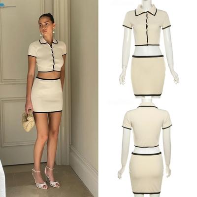 Weird Puss Ribbed Women 2 Piece Set Polo Neck Button Shorts Crop Tops+Mini Skirts Matching Stretch Elegant Streetwear Outfits