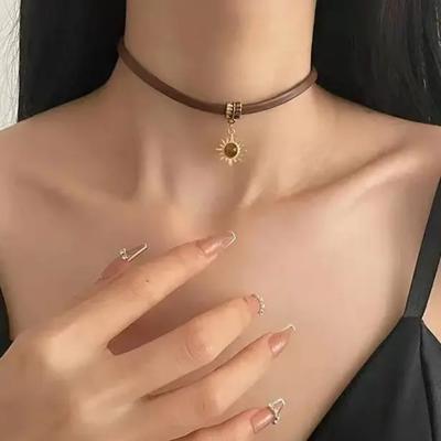 Women Vintage Leather Star Zircon Necklace Cool Layer Necklaces Layered Sun Star Pendant Chain Choker Trendy Jewelry Gift
