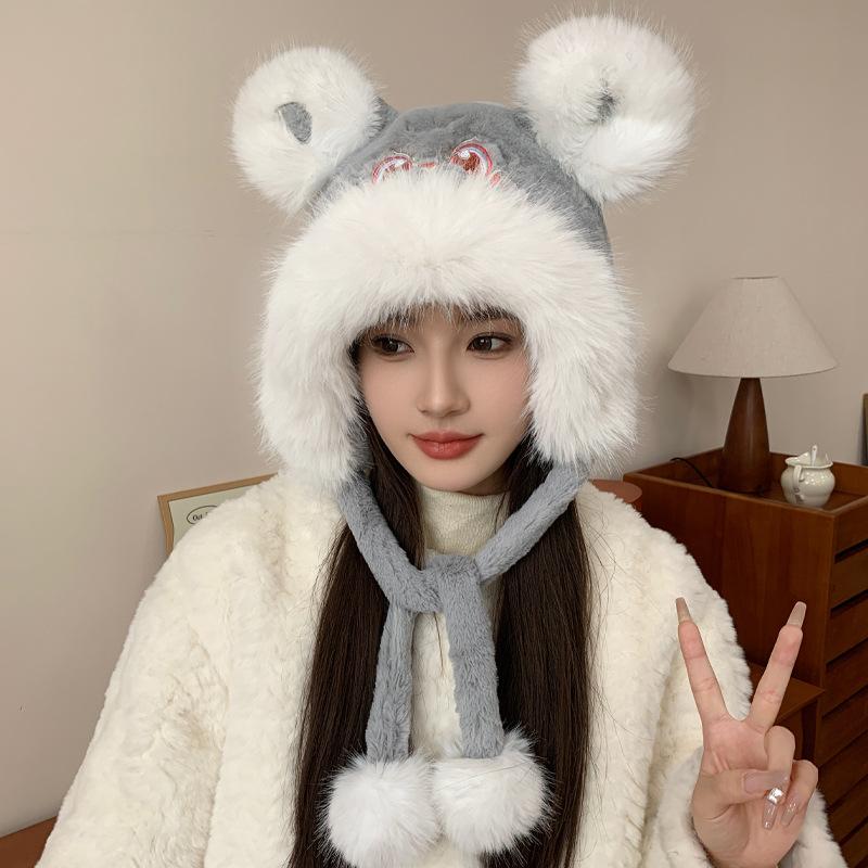 Autumn and winter new Guochao embroidered ear protector children's outdoor warm baotou lion plush headgear