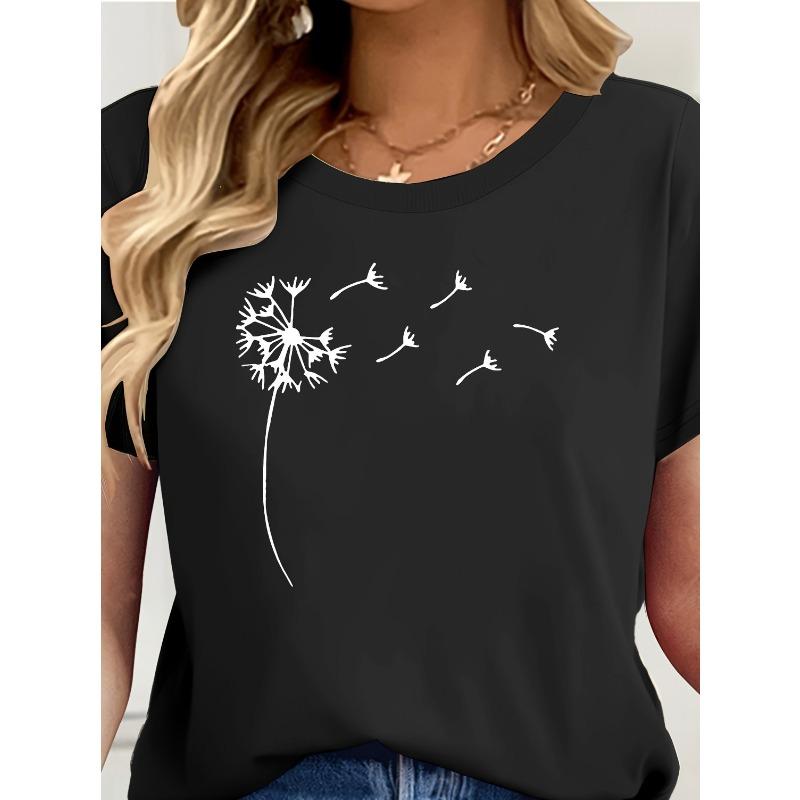 European sizes Women'S Short Sleeve T-Shirt with Elegant Dandelion Print - Lightweight Casual Top for Spring/Summer