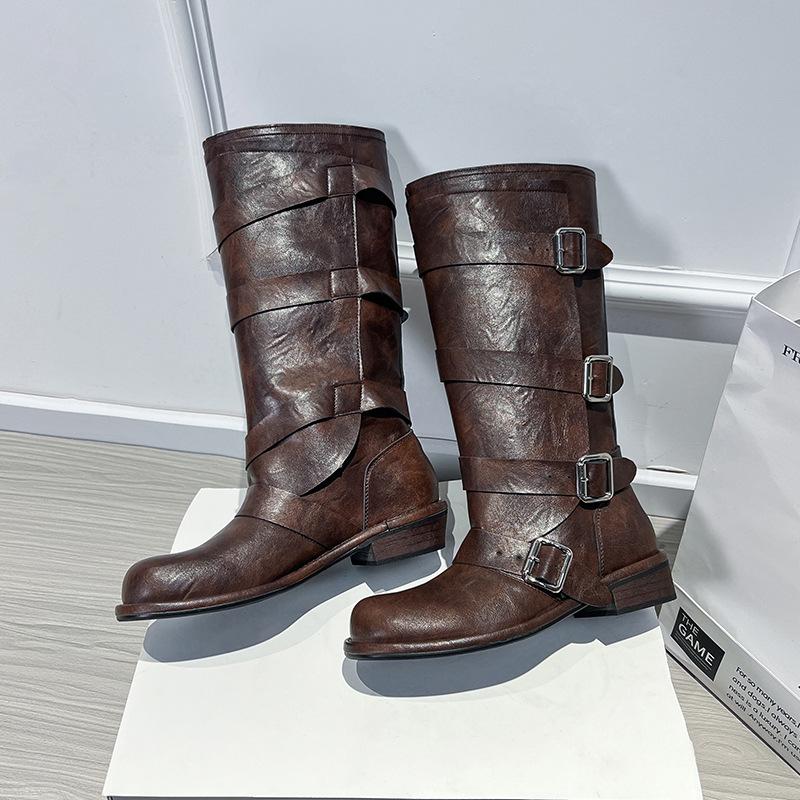 Sheepskin version~ stand tube catwalk belt buckle fashion boots autumn and winter new retro thick heel but knee high boots long boots