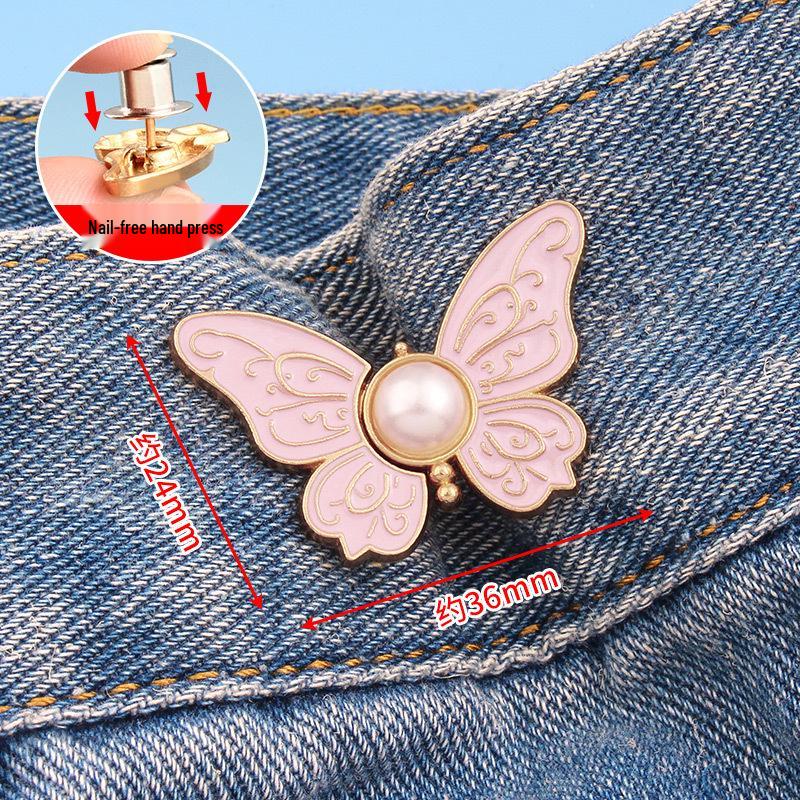 Butterfly Waist-Cinching No-Punch Jeans with Decorative Pearl Buttons
