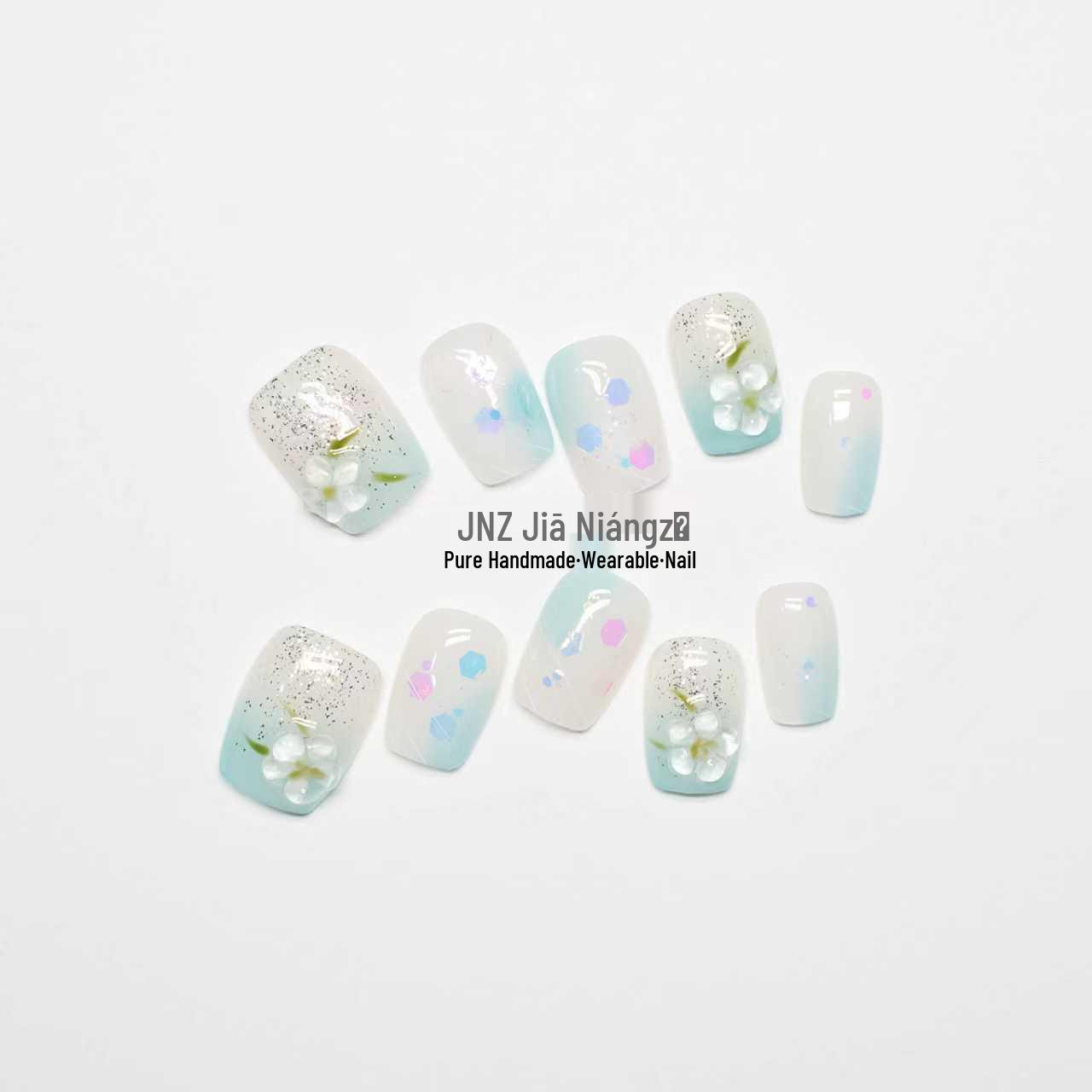 Jia Niangzi Ручная работа, градиентные ногти «Кошачий глаз» с 3D-цветами - Короткий, свежий, нежный отбеливающий маникюр. 10 Pieces M (with Tool Kit)