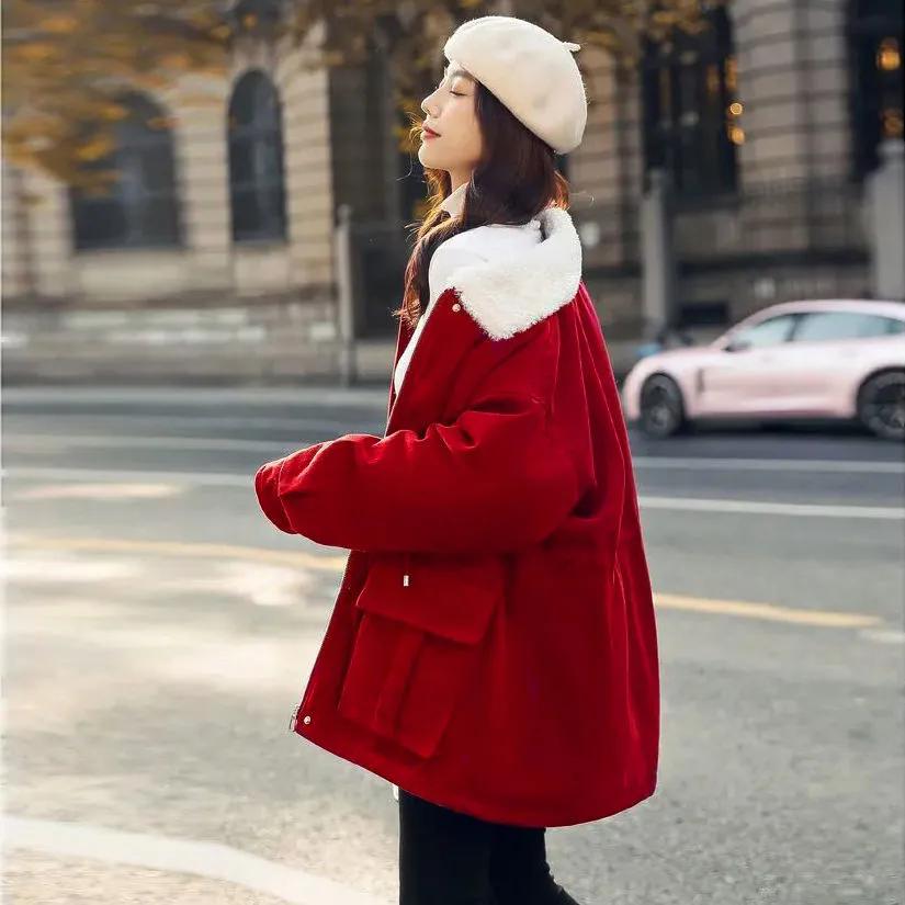 

WTEMPO женские зимние большие размеры толстые плюшевые теплые парки однотонные молнии с капюшоном пальто повседневные свободные хлопковые утягивающие пальто XXL красный