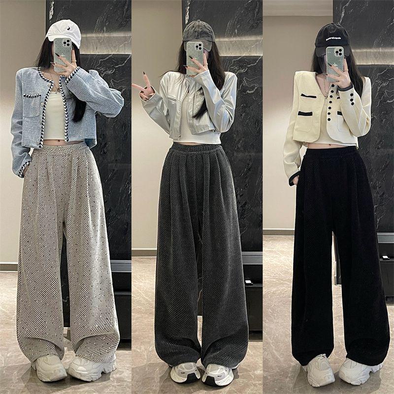 Women's 2024 Autumn/Winter Fleece-Lined Wide-Leg Striped Pants