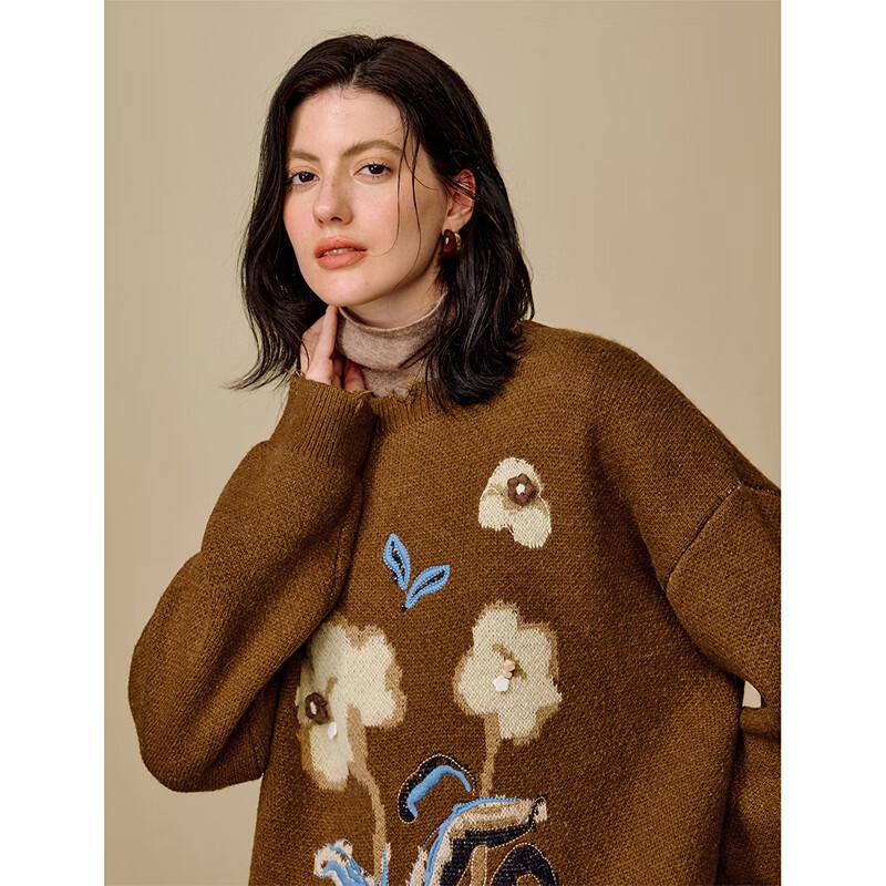 INMAN Women's Coralie Embroidered Jacquard Pullover Sweater