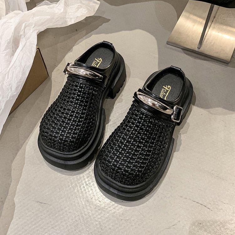

[youshilai] Foreign style big head woven hollow bag head half slippers summer out heightening loafers women 35