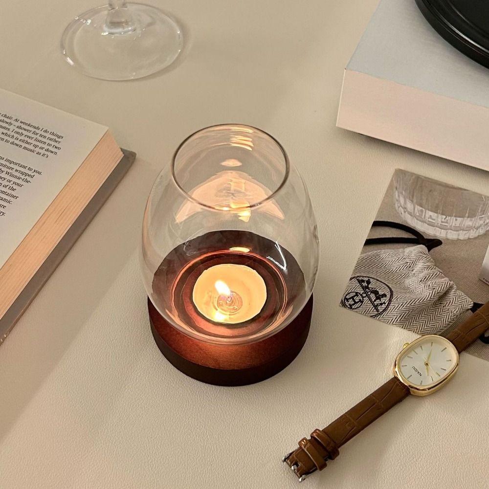 Glass Candlesticks with Cup Cover Round Table Decoration Ornaments Windproof Candle Holders  Home