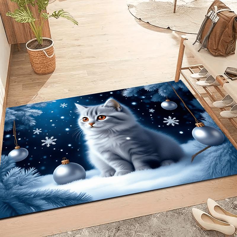 1pc Cute Kitten Winter Christmas Scene Welcome Doormat, Soft Absorbent Non‑Slip Washable Quick‑Dry Floor Mat for Entryway
