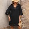 Summer Women Loose High Waist A Line Dress V Neck Lace Burnt Flower Half Sleeve Solid Color Sizes S XL