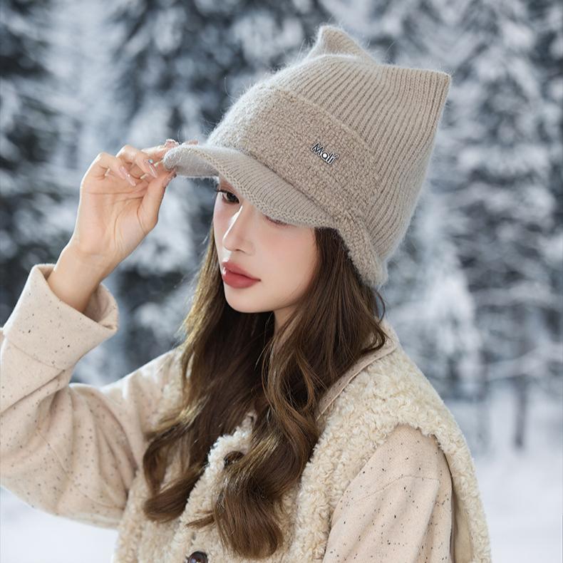 Winter Cat Ear Hat Women's Fleece Thickened Cold-proof Wool Hat Warm Ear Protection Knitted Casual Cap