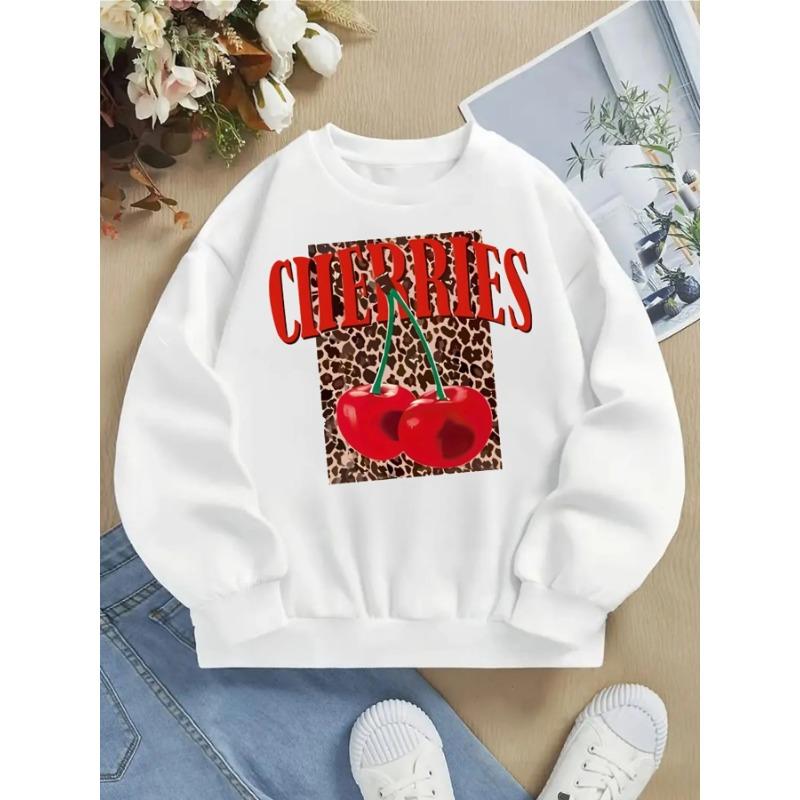 European sizes Cherry Leopard Print Girls' Crewneck Sweatshirt, Western Style, Long Sleeve, Multi-Colored.