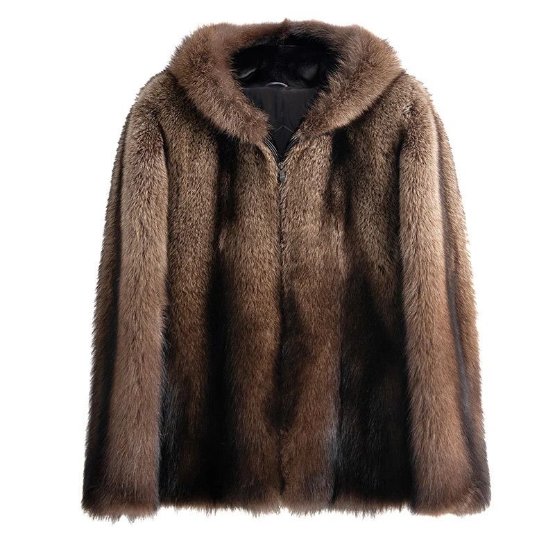 Herren Kurzmantel aus braunem Kunstfell Reißverschluss Stehkragen Warme Winterjacke Lässige Streetwear