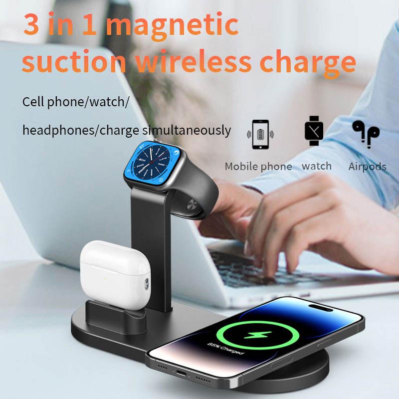 Portable 15W 3-in-1 Fast Wireless Charger Stand Holder OTP Protective Multiple Charging Station for Phone Earphone Smart Watch